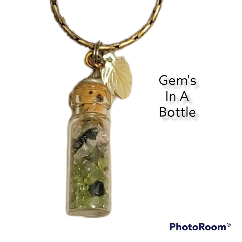 Gem In A Bottle Necklace Leaf Charm Silver #N3